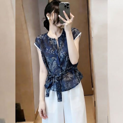 轻熟气质~藏青色印花无袖上衣女