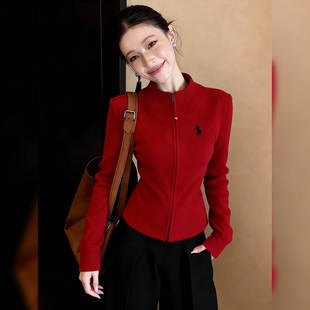 红衫雅俏~红色立领拉链修身上衣女2026超火减龄气质本命年红外套