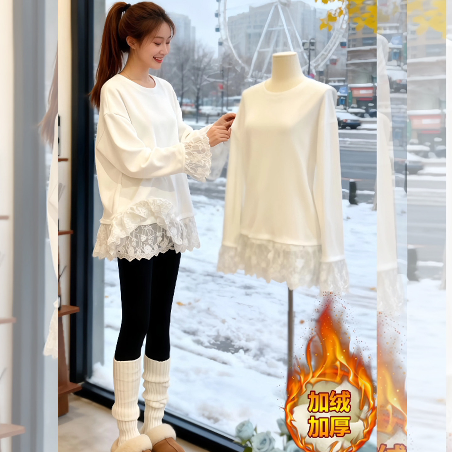欧货秋冬加绒白色打底衫女