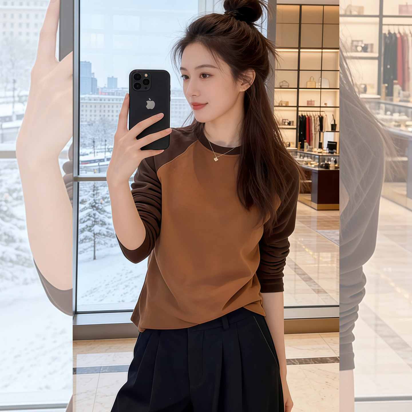 柔和撞色~松弛感咖色拼色插肩袖T恤女显瘦秋冬季内搭通勤打底上衣,女装/女士精品,T恤,淘宝优惠券,粉丝福利购,淘宝优惠卷