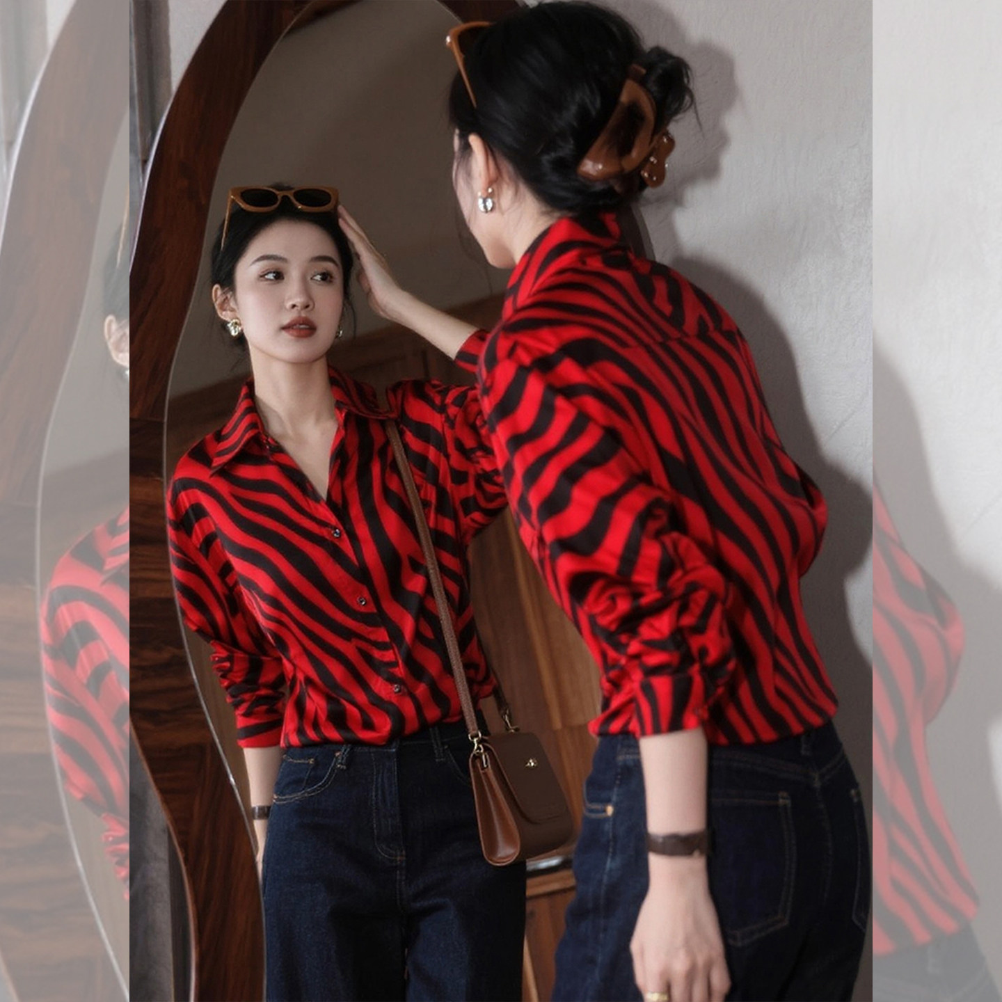 红纹雅致~独特漂亮红色条纹衬衫女早春季新款法式斑马纹翻领衬衣,女装/女士精品,大码内搭,淘宝优惠券,粉丝福利购,淘宝优惠卷