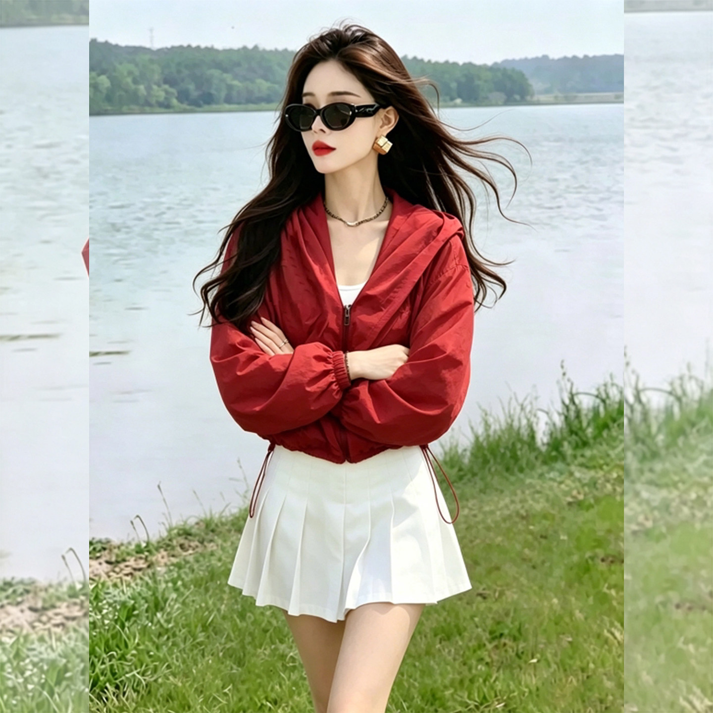 度夏美学~红色连帽短款防晒衣女图片