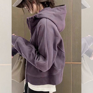 温柔休闲~紫色宽松连帽卫衣女款拉链开衫2026新款慵懒风宽松外套