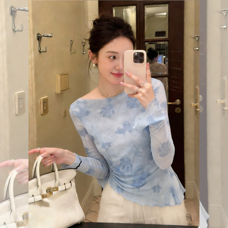 温柔氛围~2026春装新款蓝色碎花网纱长袖T恤女喇叭袖上衣防晒罩衫,女装/女士精品,时尚防晒服,淘宝优惠券,粉丝福利购,淘宝优惠卷