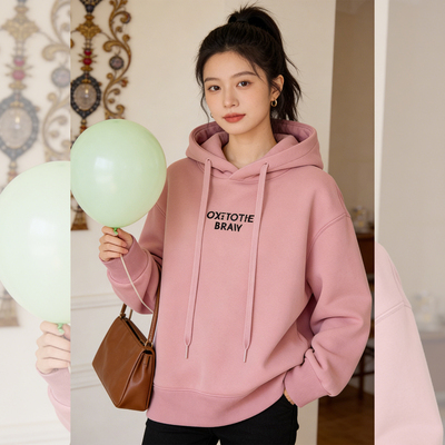 粉色连帽套头连帽卫衣女冬