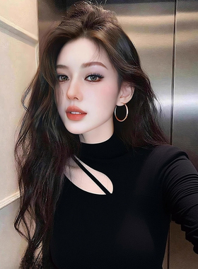 冬日bi备~御姐轻熟绝美镂空修身内搭打底女秋冬辣妹黑色显瘦上衣