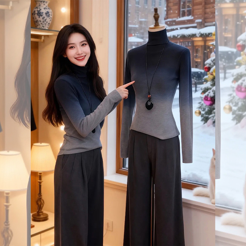 高级感灰色渐变高领打底衫女