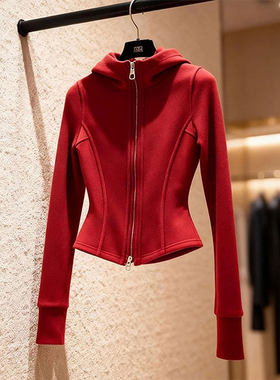 琥珀夕阳~红色立领连帽拉链卫衣女秋冬修身收腰战袍超火减龄外套