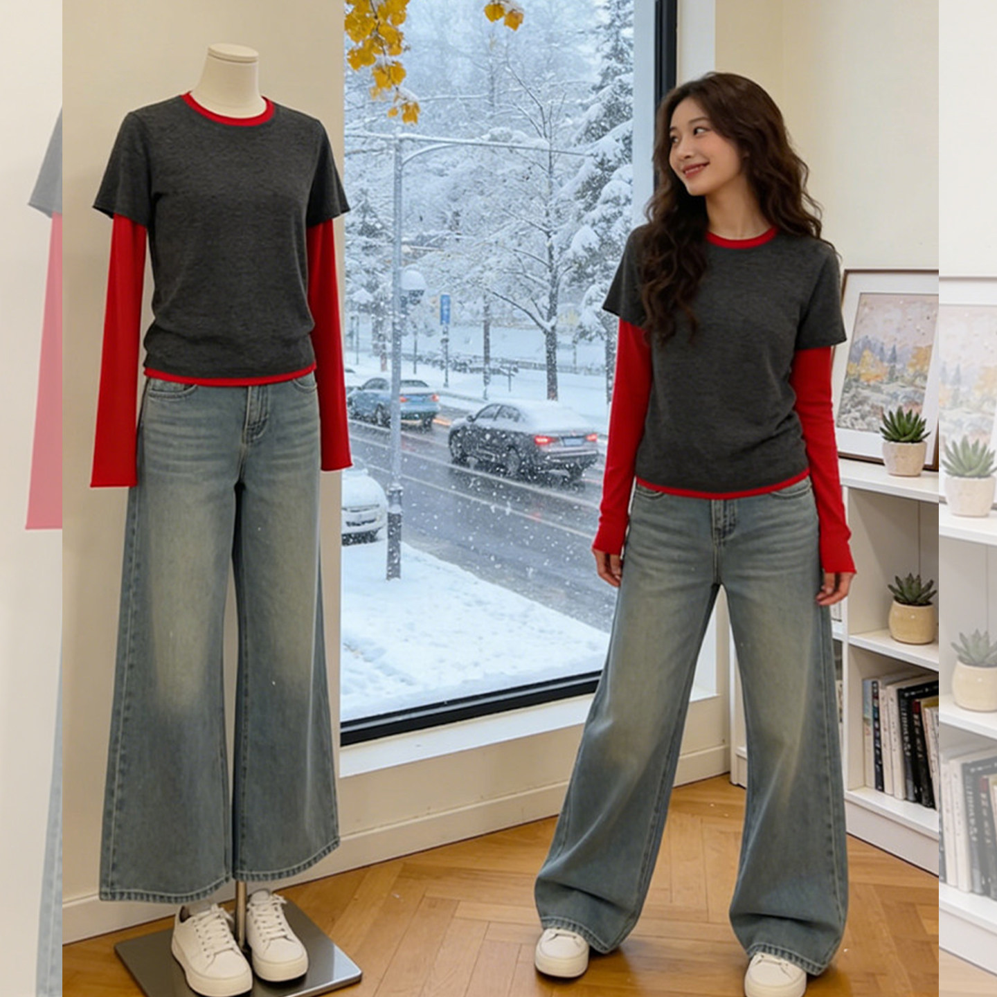 漫游星海~深灰红拼色假两件内搭打底衫女2026春季修身显瘦长袖T恤,女装/女士精品,大码内搭,淘宝优惠券,粉丝福利购,淘宝优惠卷