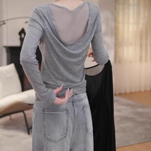 超好看独特漂亮上衣服 打底衫 灰色露背网纱拼接长袖 t恤女2025新款