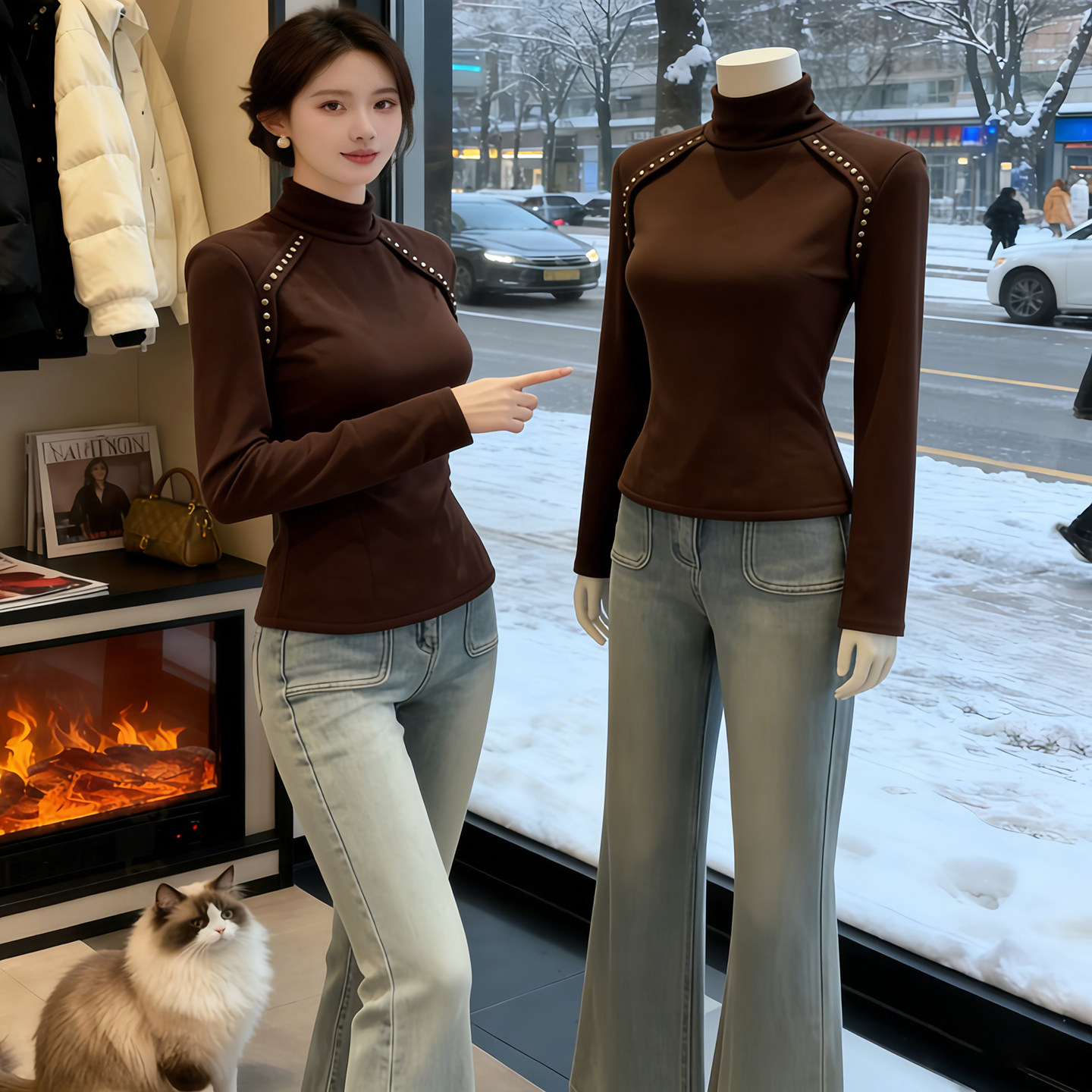 秋日掠影~复古咖色修身显瘦内搭打底衫女款秋季设计感立领长袖T恤,女装/女士精品,大码内搭,淘宝优惠券,粉丝福利购,淘宝优惠卷