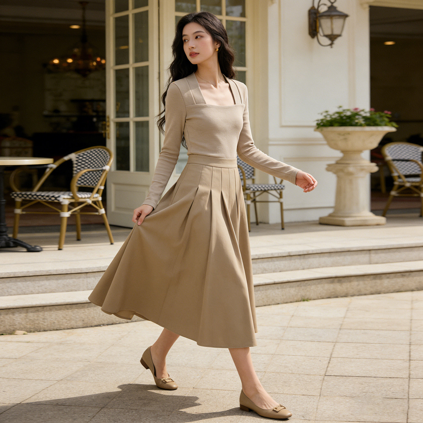 奶茶柔韵~温柔风方领长袖上衣女2026新款卡其色修身显瘦通勤内搭,女装/女士精品,大码内搭,淘宝优惠券,粉丝福利购,淘宝优惠卷