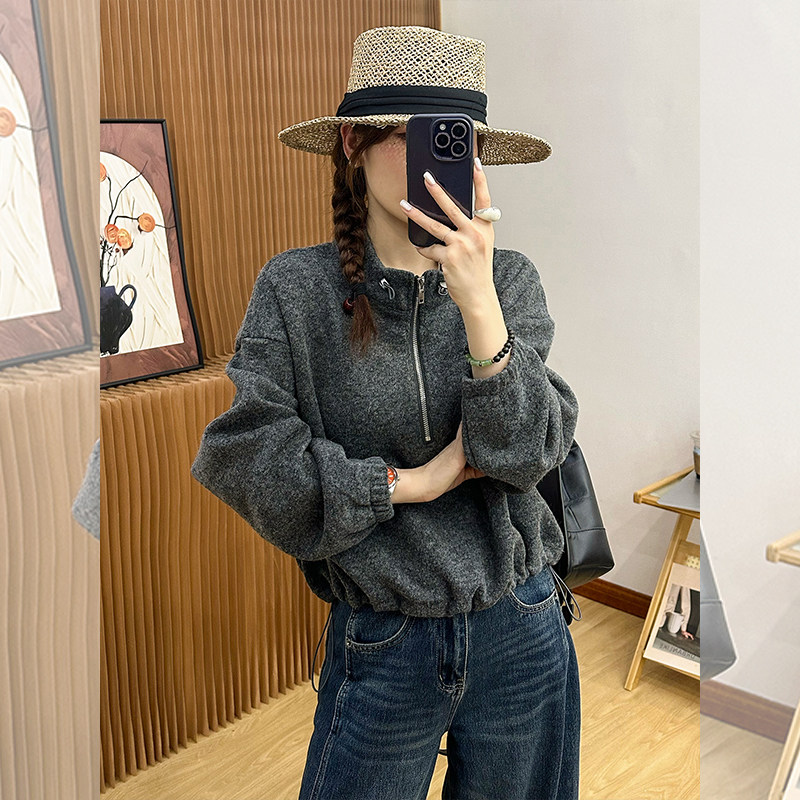 半拉链灰色无帽卫衣外套女秋季