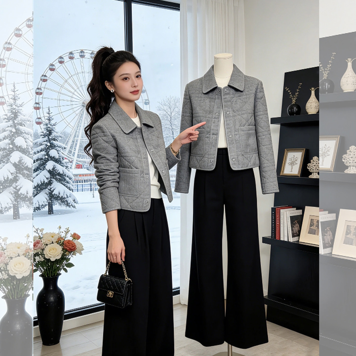 灰色明信~韩系设计感轻薄菱格短款外套女2026年春季休闲百搭棉服,女装/女士精品,短外套,淘宝优惠券,粉丝福利购,淘宝优惠卷