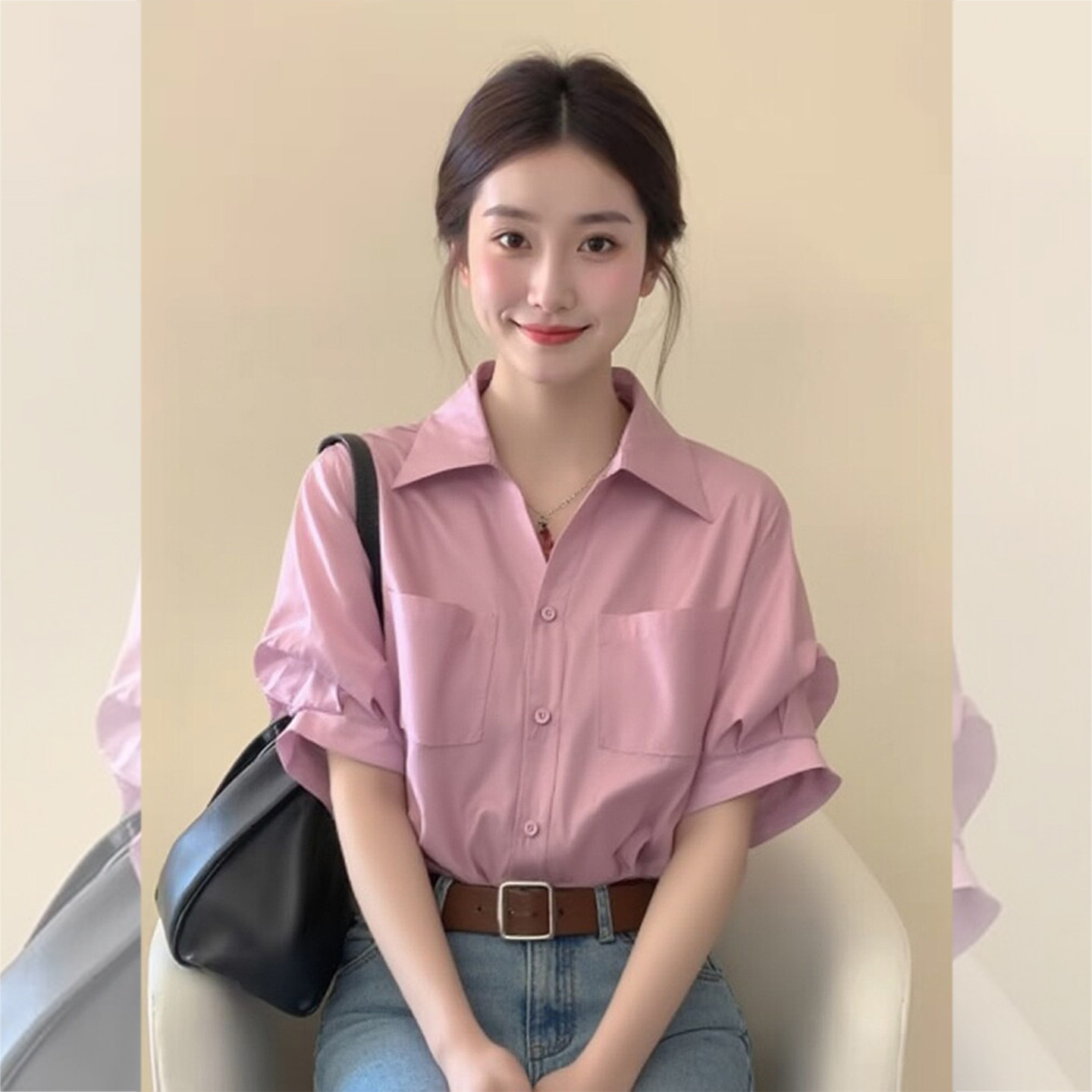 夏日清甜~粉色短袖法式衬衫女夏图片