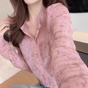 设计感独特漂亮上衣 爆款 粉色晕染烫钻半开领t恤衬衣女款 2025新款