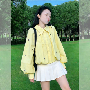 春日花漾~氛围感嫩黄色衬衫女早春宽松显瘦立体花朵翻领长袖上衣