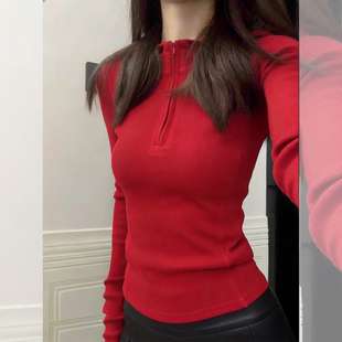 舒适绒感~红色连帽德绒内搭打底显白气色新年女装半拉链修身上衣