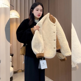 月光皎洁~时尚杏色短款羊羔毛外套女冬季皮毛一体加厚保暖棒球服