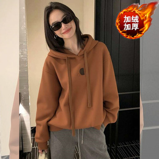 2026新款秋冬爆款橘色长袖连帽卫衣加绒女款宽松时尚洋气套头上衣
