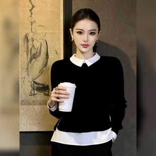 淡人高知穿搭通勤气质上衣 爆款 假两件黑色翻领衬衫 女2025秋冬新款