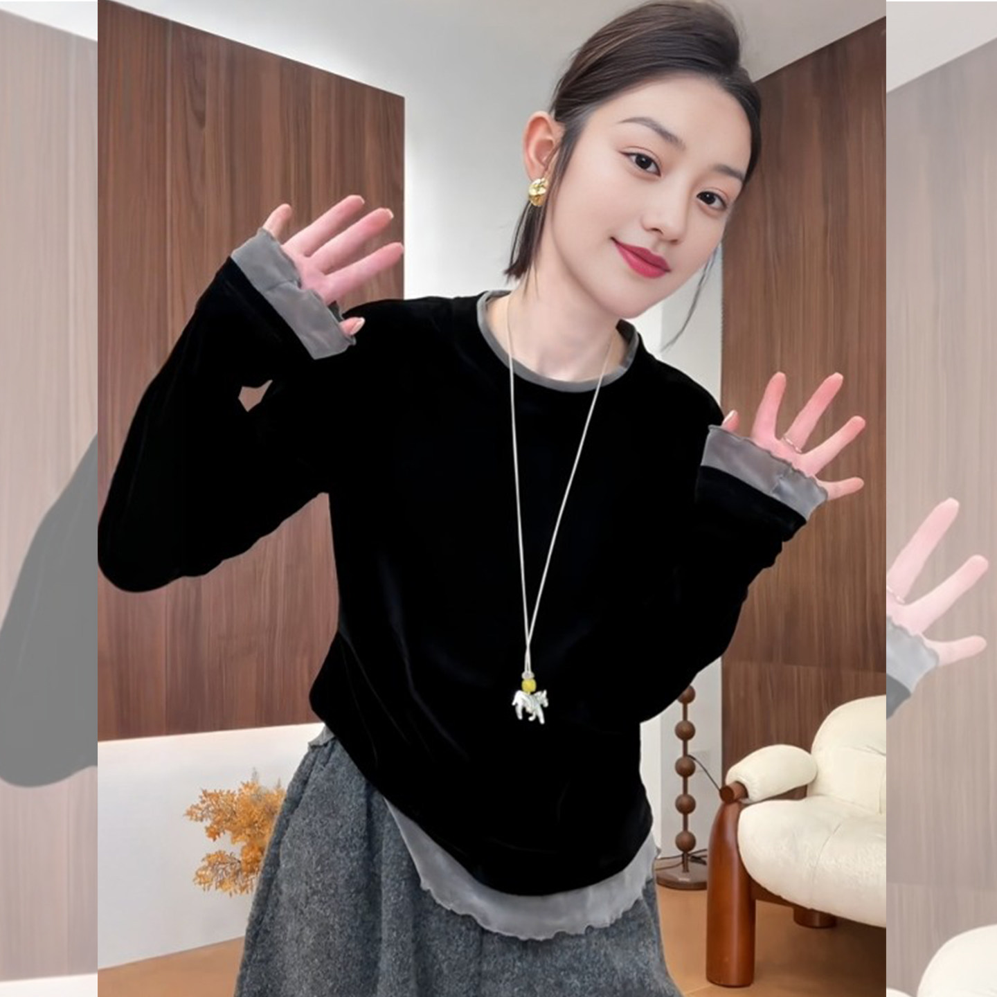 柔绒粼光~黑色丝绒假两件上衣女圆领撞色花边宽松显瘦内搭打底衫,女装/女士精品,大码内搭,淘宝优惠券,粉丝福利购,淘宝优惠卷