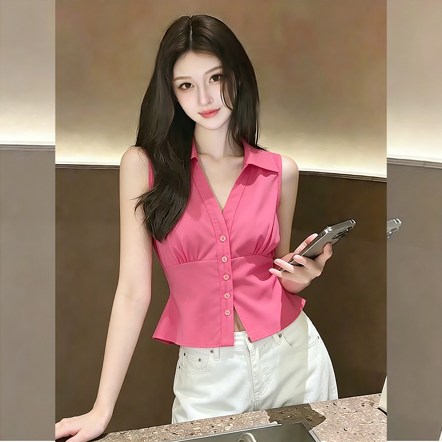 桃粉夏日~轻熟气质翻领无袖衬衫图片
