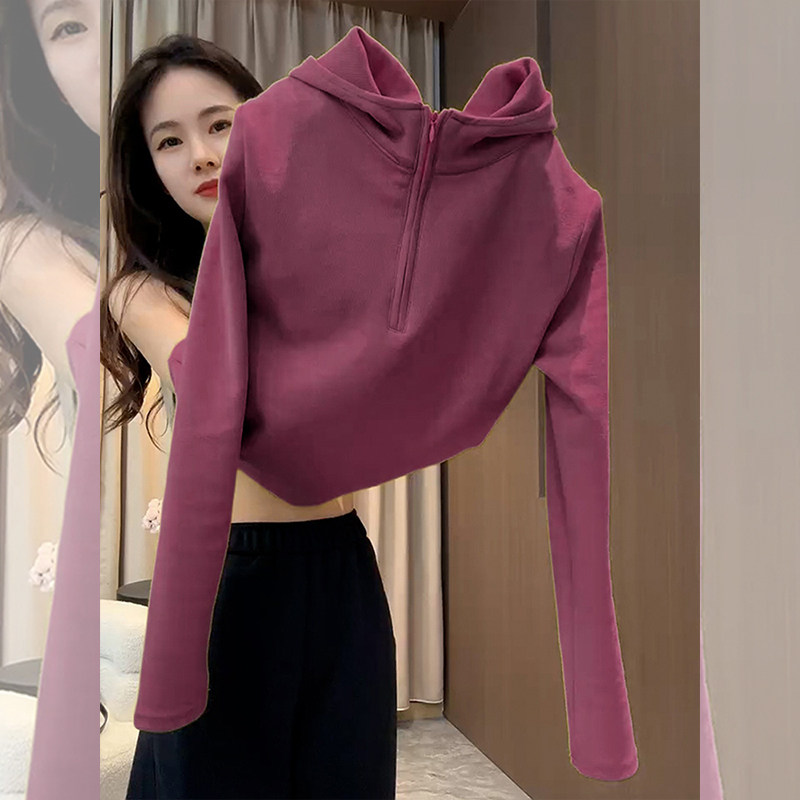 波光眠柔~修身显瘦玫红色连帽半拉链内搭长袖T恤女秋百搭外穿上衣