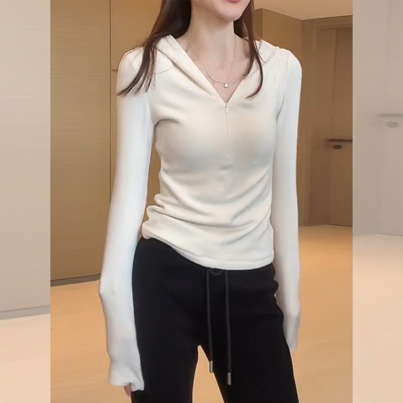 白色连帽长袖T恤女装2025年秋冬
