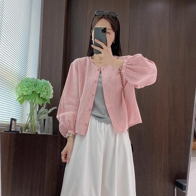 粉色薄款亚麻防晒衬衫外套