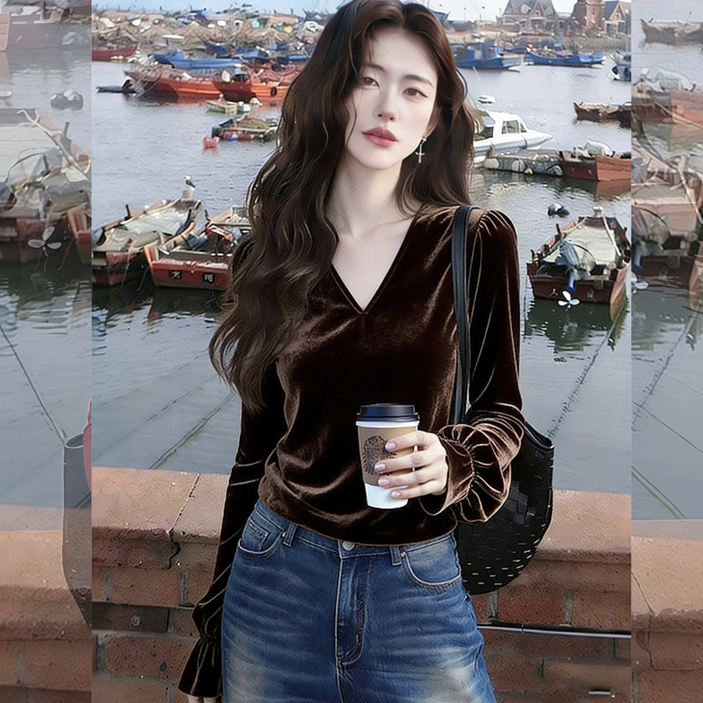 气质复古咖色V领丝绒长袖衬衫女2026秋季新款高级感轻奢内搭衬衣,女装/女士精品,大码内搭,淘宝优惠券,粉丝福利购,淘宝优惠卷