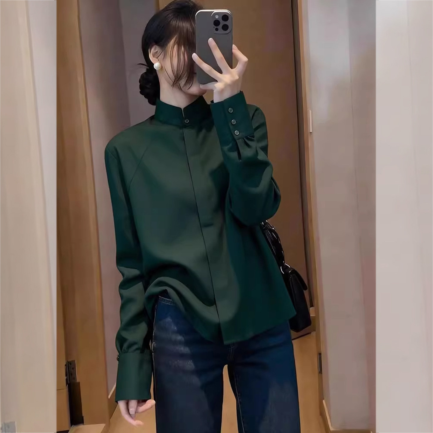 深绿御章~韩系高级感绿色立领衬衫女春气质通勤百搭显瘦长袖上衣