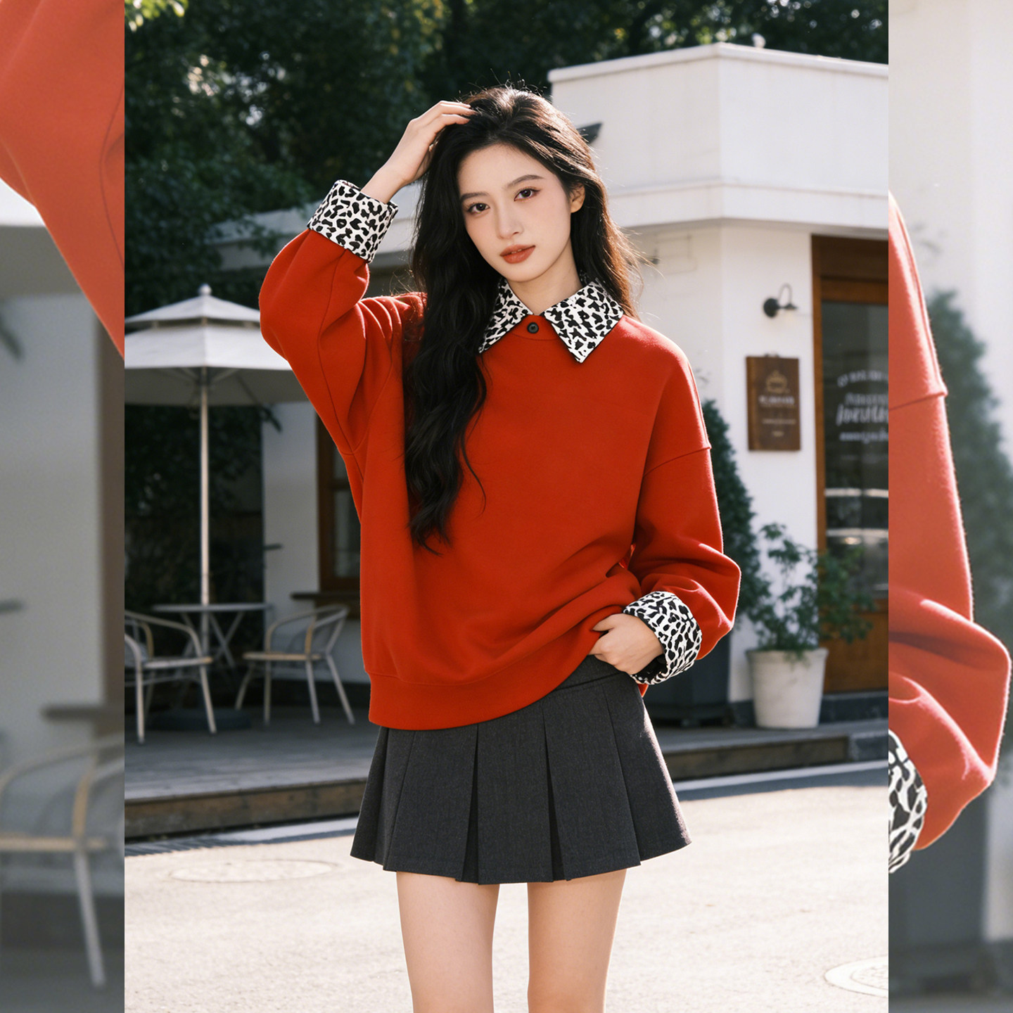 春装上新~桔红色豹纹拼接卫衣女春秋假两件翻领宽松慵懒显瘦上衣