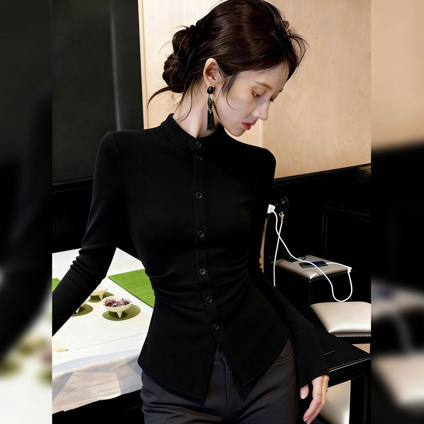 夜色如墨~法式气质立领黑色衬衫女秋冬显瘦通勤修身掐腰长袖上衣,女装/女士精品,大码内搭,淘宝优惠券,粉丝福利购,淘宝优惠卷