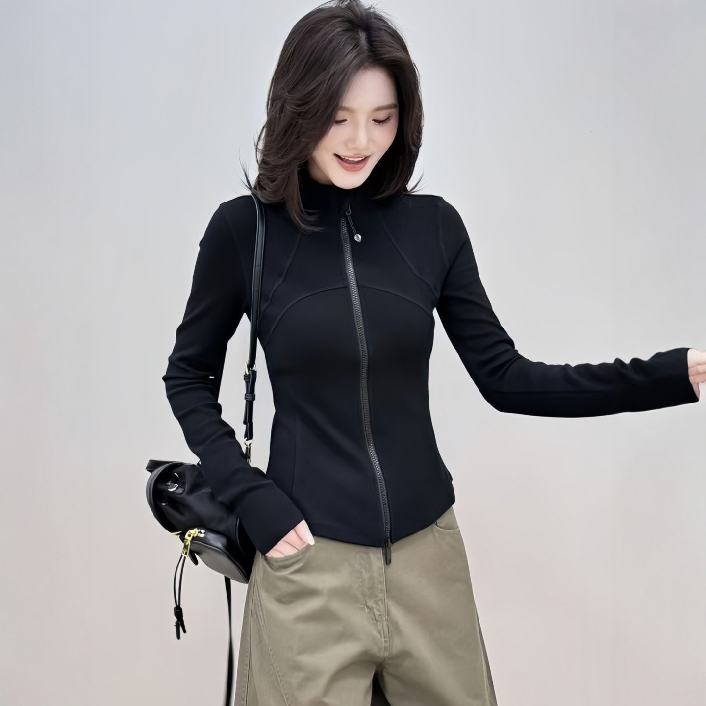 独特小众~双拉链立领修身上衣女2026冬季新款收腰黑色内搭打底衫,女装/女士精品,时尚抓绒衣,淘宝优惠券,粉丝福利购,淘宝优惠卷