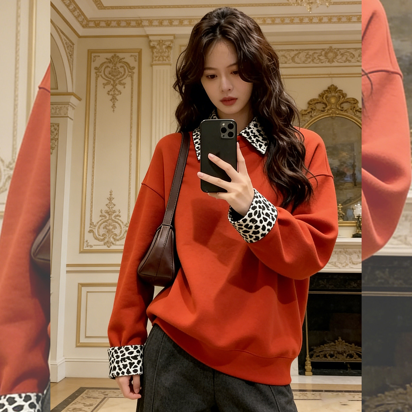 甜酷设计~假两件拼接桔红色卫衣女款2026新款翻领显瘦休闲上衣