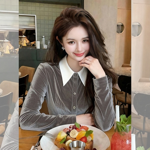 女秋季 灰色雪印 衬衫 显瘦掐腰翻领长袖 休闲百搭丝绒打底上衣 修身