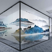 办公室磨砂玻璃贴膜透光不透明中国风景山水画新中式 静电贴纸定制