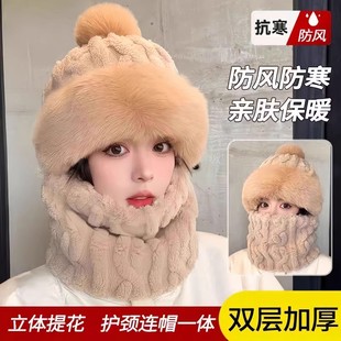 帽子围脖一体女冬2025新款 加绒加厚骑车防风防寒电动车保暖套头帽