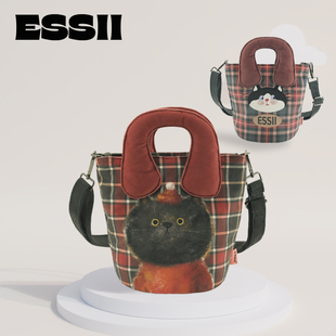 插画师联名猫咪时尚 2024新款 格纹休闲少女小包马蹄水桶包 款 完美款