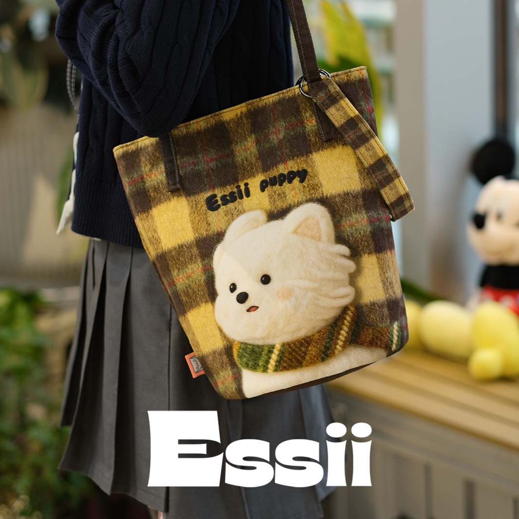 完美款款围巾小狗秋冬格子文艺大学生可斜挎单肩加长水桶帆布包女