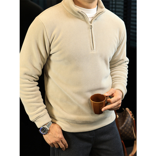 简素Design法兰绒半拉链卫衣男加厚保暖打底衫 重磅加绒外套冬 美式