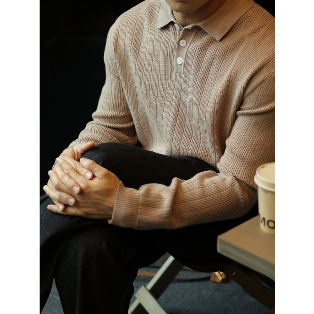 提花坑条复古翻领polo薄针织衫男