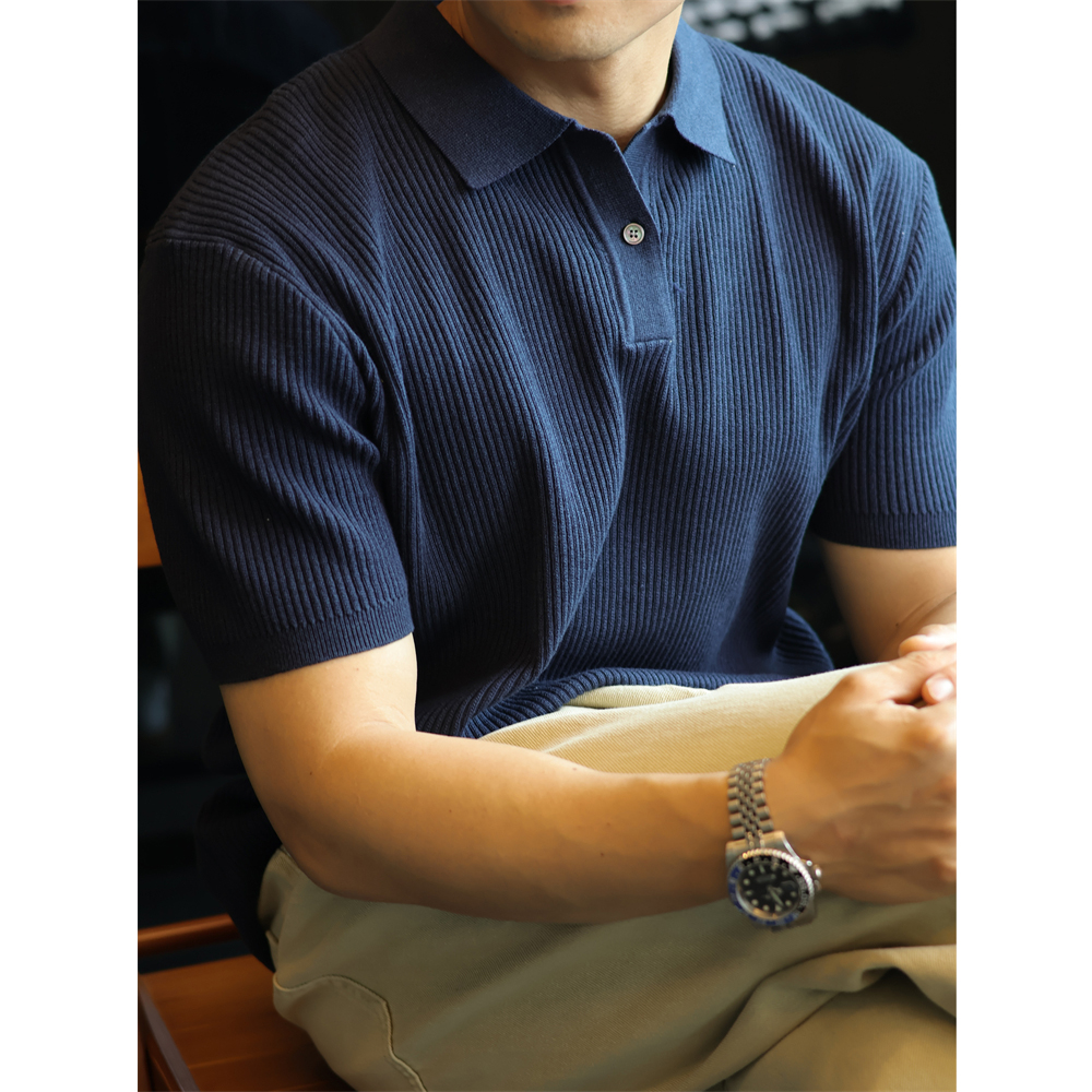 简素Design弹力肌理条纹polo针织衫男老钱简约通勤薄款短袖T恤夏