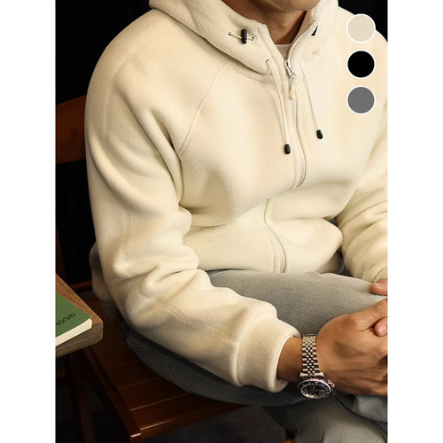 简素Design摇粒绒重磅连帽卫衣男加厚宽松外套休闲插肩上衣开衫冬
