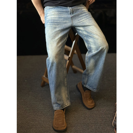 简素Design 复古做旧宽松直筒牛仔裤男美式休闲薄款长裤水洗春夏