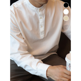 休闲通勤防晒衬衣秋 男薄款 简素Design纯棉复古亨利领宽松长袖 衬衫