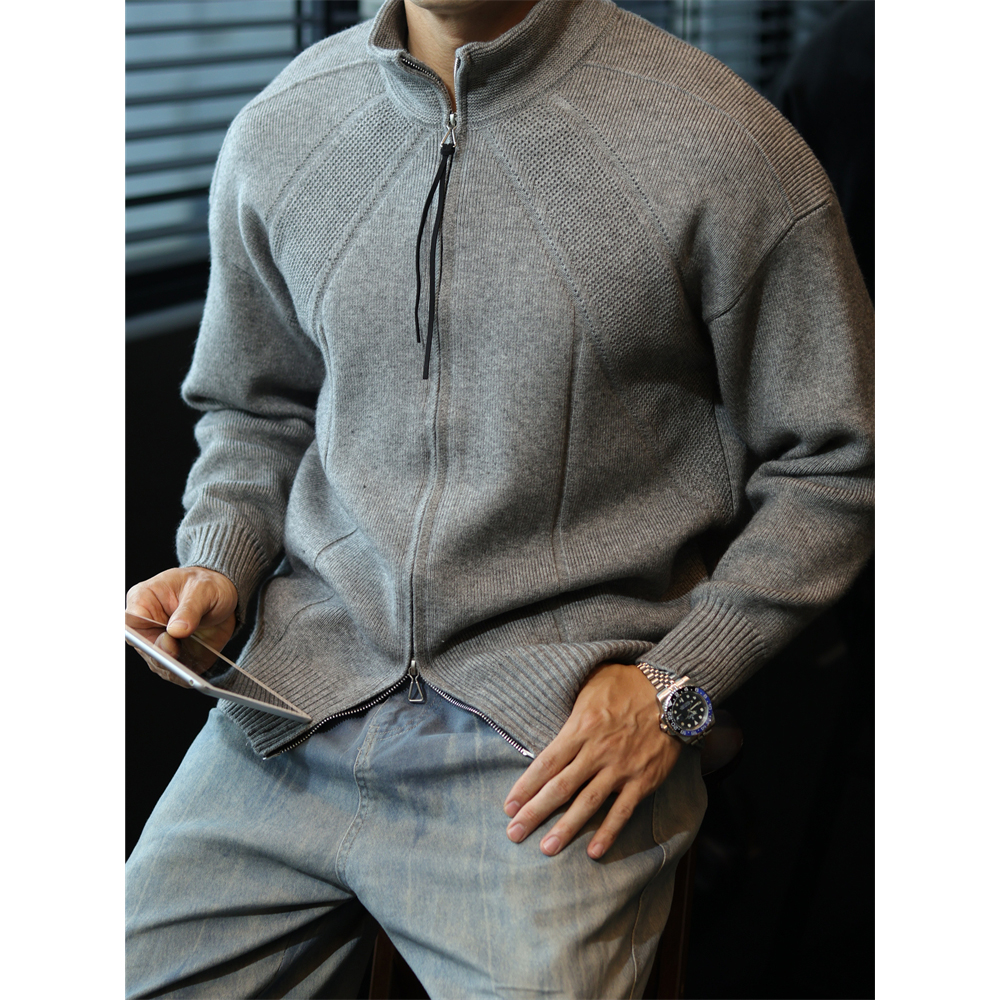 重磅拼接插肩立领毛衣针织外套男