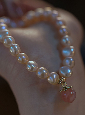 粉紫色淡水珍珠手链手串温柔新款水蜜桃手饰弹力可调节设计感手串