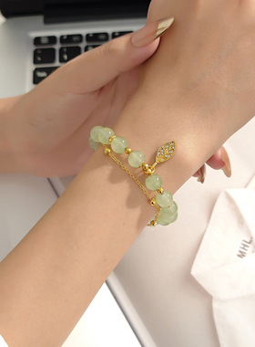 新中式透亮翠绿双层串珠叶子手链 国潮古风轻奢高级感气质手饰女